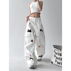 非实拍美式设计感狗狗刺绣阔腿牛仔裤辣妹高街宽松坠感休闲直筒裤