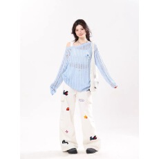 非实拍美式设计感狗狗刺绣阔腿牛仔裤辣妹高街宽松坠感休闲直筒裤