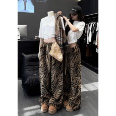 批发豹纹休闲睡裤美式复古抽绳女秋冬保暖宽松显瘦阔腿居家长裤