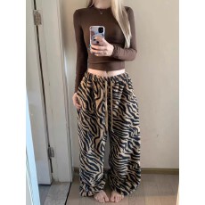 批发豹纹休闲睡裤美式复古抽绳女秋冬保暖宽松显瘦阔腿居家长裤