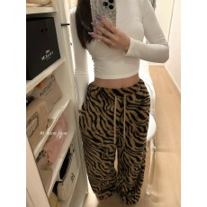 批发豹纹休闲睡裤美式复古抽绳女秋冬保暖宽松显瘦阔腿居家长裤