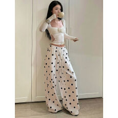 批发白色波点<b class='q'>阔腿裤</b>子女2026春季新款直筒宽松垂感休闲裤