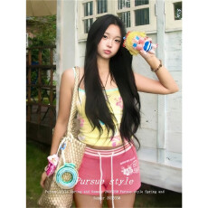 批发美式街头休闲裤女夏季新款细绳撞色拼接修身运动风辣妹短裤