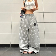 批发2026美式星星满印男女宽松松紧腰卫裤慵懒感阔腿跳舞<b class='q'>长裤</b>