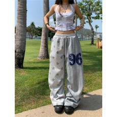 批发美式星星印花阔腿休闲裤女春夏立体字母休闲运动跳舞拖地裤