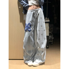批发美式星星印花阔腿休闲裤女春夏立体字母休闲运动跳舞拖地裤