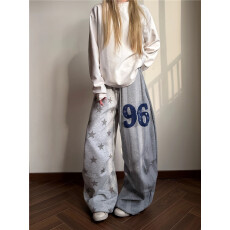 批发美式星星印花阔腿休闲裤女春夏立体字母休闲运动跳舞拖地裤