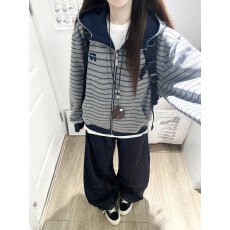 批发华棉复合秋冬宽松外套美式撞色条纹刺绣连帽拉链卫衣<b class='q'>女</b>