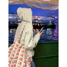 华夫格+后包领秋冬外套薄荷绿碎花华夫格拉链连帽卫衣女