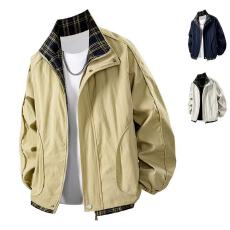 批发夹克男秋季新款宽松休闲立领假两件长袖开衫拼接撞色高级感外套男