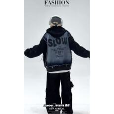 批发2025冬季新款简约连帽加绒保暖时尚休闲高级感假两件拼接牛仔连帽