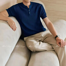 外贸凉感冰丝高密针织衫短袖亨利领男士轻奢透气抗皱上衣