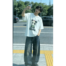 批发2026夏季新款港式潮流ins<b class='q'>男生</b>熊猫印花休闲宽松圆领<b class='q'>短袖</b>T恤衫上衣