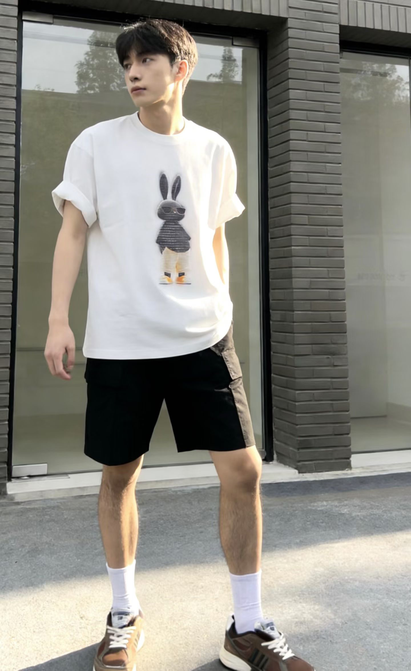 오리지널 sh 남녀 같은 단락 루즈핏 자수 라운드 넥 프린트 반팔 티셔츠 커플 트렌드