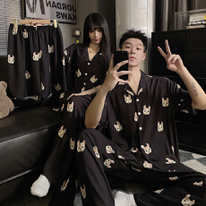 批发 M-5XL情侣男女士睡衣夏季凉感缎面冰雪丝大码家居服套装