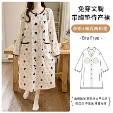 批发 L-3XL 精流棉月子裙春秋季开衫固定胸垫宽松甜美哺乳裙