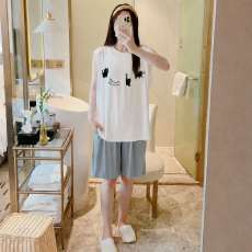 批发 L-5XL睡衣女夏季无袖凉感冰丝莫代尔大码家居服套装