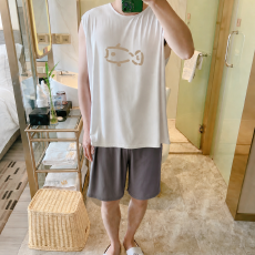 批发MJ-S96F4简笔鱼 L-5XL 睡衣夏无袖凉感冰丝莫代尔大码家居服套装