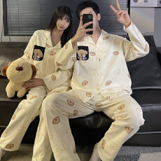 批发 L-5XL高品质仿棉睡衣男女春季长袖情侣大码家居套装