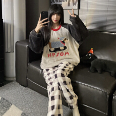 批发L-5XL 男女同款情侣<b class='q'>睡衣</b>秋冬<b class='q'>珊瑚</b><b class='q'>绒</b>套头加厚加大套装