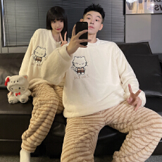 批发L-5XL 男女士同款情侣<b class='q'>睡衣</b>秋冬<b class='q'>珊瑚</b><b class='q'>绒</b>套头加厚加大套装