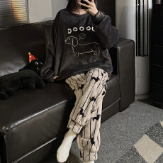 批发L-5XL男女同款情侣<b class='q'>睡衣</b>秋冬<b class='q'>珊瑚</b><b class='q'>绒</b>套头加厚加大套装
