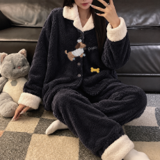 L-5XL 男女士同款情侣睡衣秋冬长毛绒翻领加厚加大套装