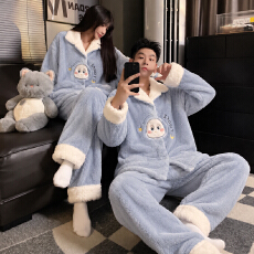 L-5XL 男女士同款情侣睡衣秋冬长毛绒翻领加厚加大套装