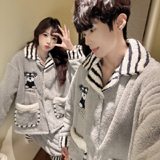 L-5XL 男女士同款情侣睡衣秋冬长毛绒翻领加厚加大套装