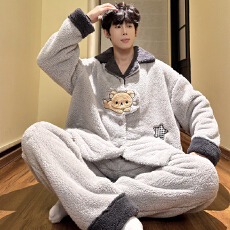 L-5XL 男女士同款情侣睡衣秋冬长毛绒翻领加厚加大套装