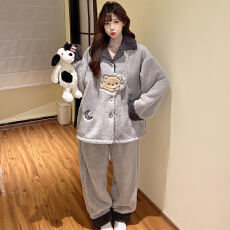 L-5XL 男女士同款情侣睡衣秋冬长毛绒翻领加厚加大套装