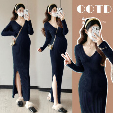 批发实拍 高品质加厚修身显瘦孕妇装V领<b class='q'>百搭</b>针织孕妇连衣裙气质毛衣裙