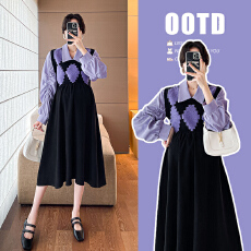 批发实拍 小个子孕妇装针织拼接显廋孕妇连衣裙娃娃领韩版孕妇裙