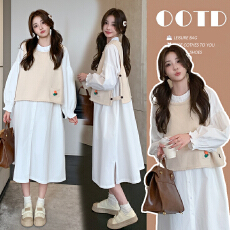 实拍现现 小个子孕妇装宽松孕妇连衣裙+马甲两件套孕妇套装