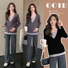 批发实拍现现 韩版宽松孕妇装针织拼接毛衣修身显瘦孕妇上衣