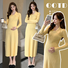 批发实拍现现 polo领针织孕妇连衣裙修身显瘦气质长裙<b class='q'>百搭</b>打底孕妇裙