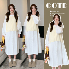 批发实拍现现 小个子孕妇装宽松孕妇连衣裙+马甲两件套孕妇套装