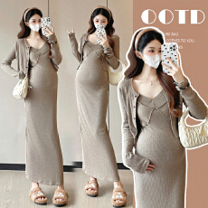 批发实拍现现 时尚孕妇装套装开叉长款显瘦连衣裙吊带裙+开衫两件套