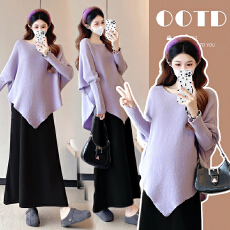 批发实拍现现 减龄韩系孕妇装蝙蝠袖针织半身裙+孕妇上衣两件套套装