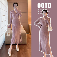 批发实拍 小个子孕妇装修身显瘦V领针织孕妇连衣裙气质孕妇毛衣裙