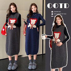 批发实拍现现 孕妇装韩版刺绣卡通小熊毛衣背心裙＋打底孕妇套装