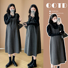 批发实拍 小个子孕妇装打底上衣+背带裙两件套韩版宽松孕妇套装