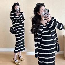 批发实拍 小个子孕妇装新款条纹时尚百搭孕妇连衣裙套装