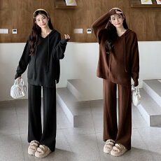 实拍现现 韩版孕妇装休闲连帽针织上衣+阔脚裤两件套孕妇套装