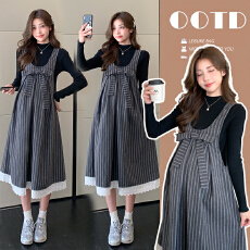 批发实拍现现 韩版孕妇装蝴蝶结孕妇两件套百搭打底衫+孕妇背心裙套装