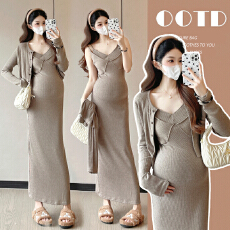 实拍春秋款 时尚孕妇装套装开叉长款显瘦连衣裙吊带裙+开衫两件套