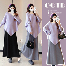 实拍现现 减龄韩系孕妇装蝙蝠袖针织半身裙+孕妇上衣两件套套装