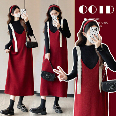 实拍 韩版孕妇装宽松孕妇连衣裙懒人背心裙+打底衫套装两件套