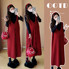 批发实拍 孕妇套装韩版针织毛衣宽松背带裙+高领打底衫孕妇两件套