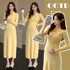 批发实拍现现 polo领针织孕妇<b class='q'>连衣裙</b>修身显瘦气质长裙百搭打底孕妇裙